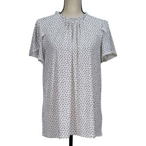 Adrianna Papell Blouse Top White Black Print Ruffle Neck Flutter Sleeve